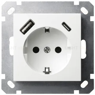 Розетка SHUKO Jasmart с USB тип A-C с защитными шторками 25W 16A 250V 2P+T белый глянцевый G5501USB-25W