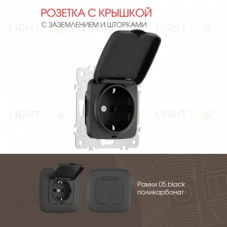Розетка с заземлением, шторками и защитной крышкой Arte Milano 205.41-1.black