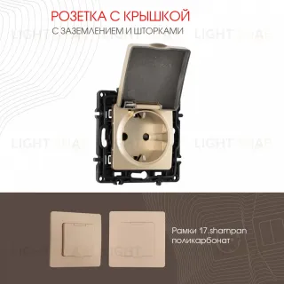 Розетка с заземлением, шторками и защитной крышкой Arte Milano 217.41-1.shampan