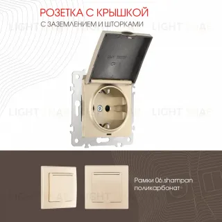 Розетка с заземлением, шторками и защитной крышкой Arte Milano 206.41-1.shampan