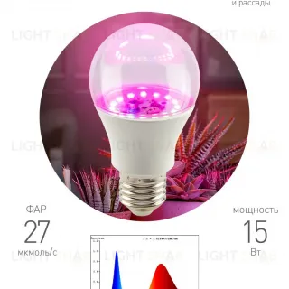 Светодиодная фитолампа для растений Эра ФИТО A60-15W-PL-E27-GR Б0064548