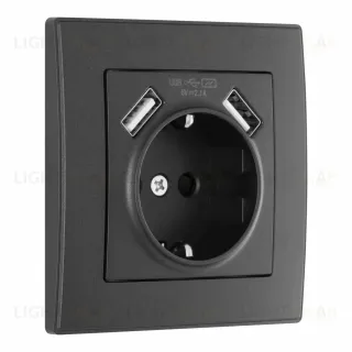 Комплект розетки с/з и шторками + USB и рамкой Arte Milano SET06-1-47-1 black
