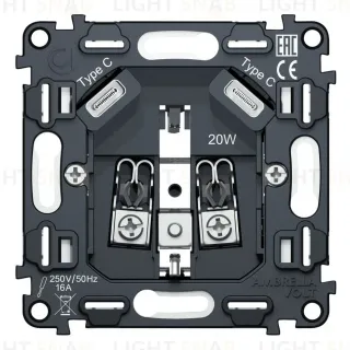 Механизм электрической розетки 2USB С+C 20W (быстрая зарядка) с/з на винтовых зажимах 16A-250V QUANT Ambrella Volt VM165