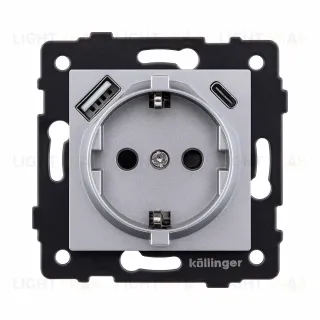 Розетка штепсельная SCHUKO 16A/250 В с USB A+C 20W, серый Kollinger REA-004GY для Aspekt, Eleganz, Reflex