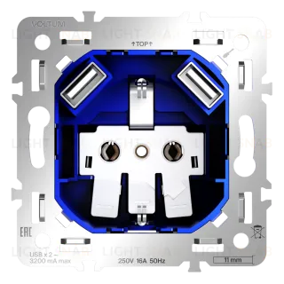 Механизм розетки с заземлением и защитными шторками 16А, с USB A+A Voltum S70 VLS0404M