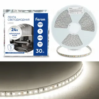 Светодиодная лента 24V Feron LS502, 180*SMD2835, 16W/m, IP20, 4000К (нейтральный белый) 53090