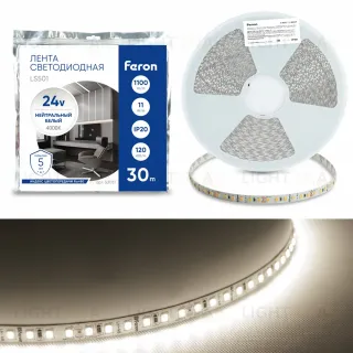 Светодиодная лента 24V Feron LS501, 120*SMD2835, 11W/m, IP20, 4000К (нейтральный белый) 53087